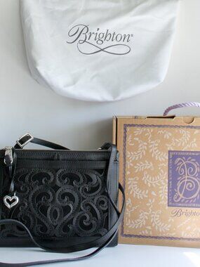 Brighton Justine Black Laser Cut Messenger Bag H92423 - Like New with Box! 🖤
